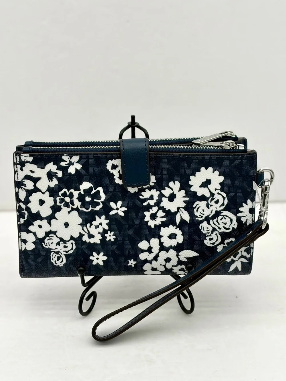Michael Kors Navy Blue Floral Logo Wristlet Clutch